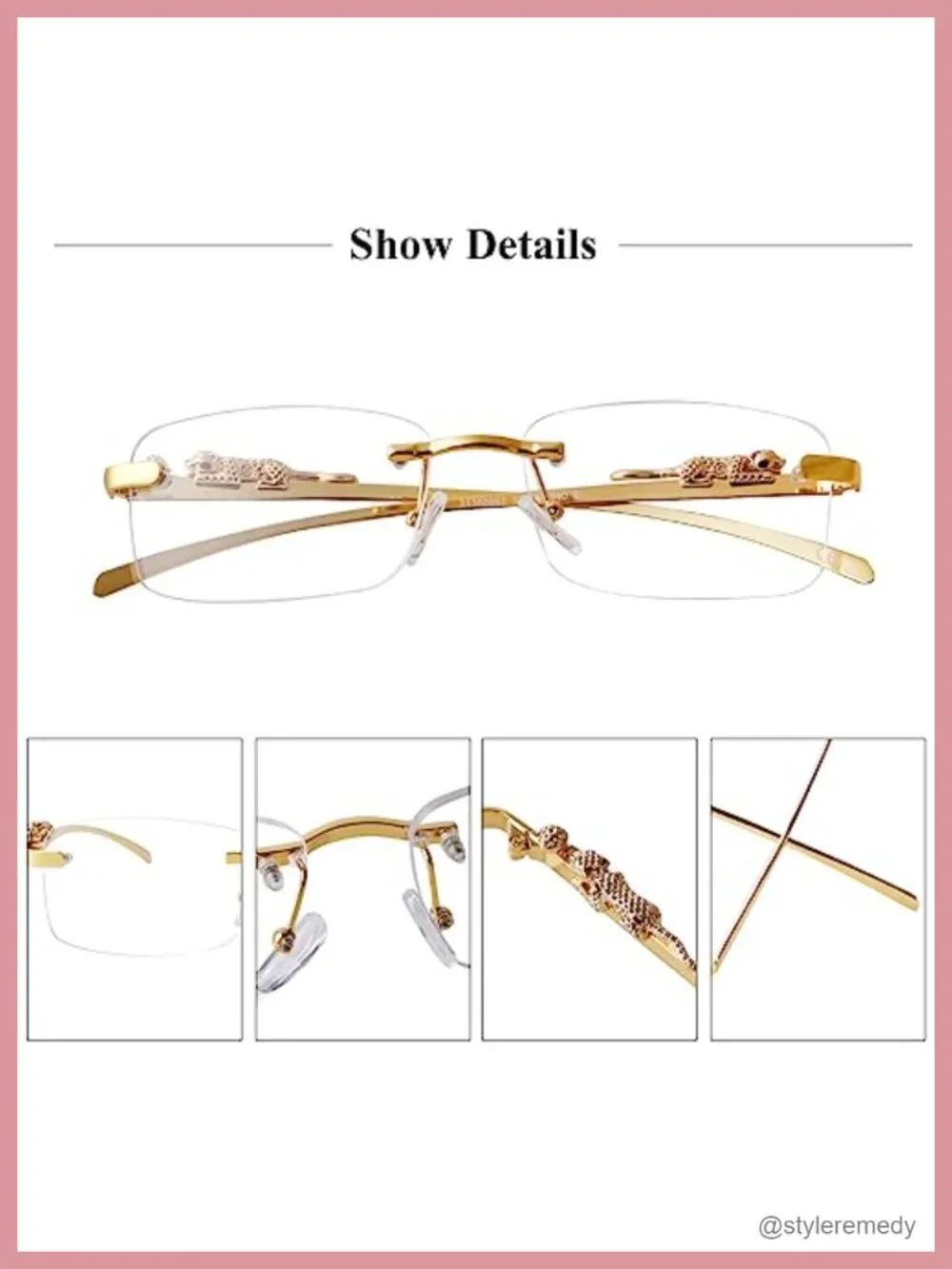 Vintage Rimless Rectangle Sunglasses Gold Metal Frameless Square Transparent